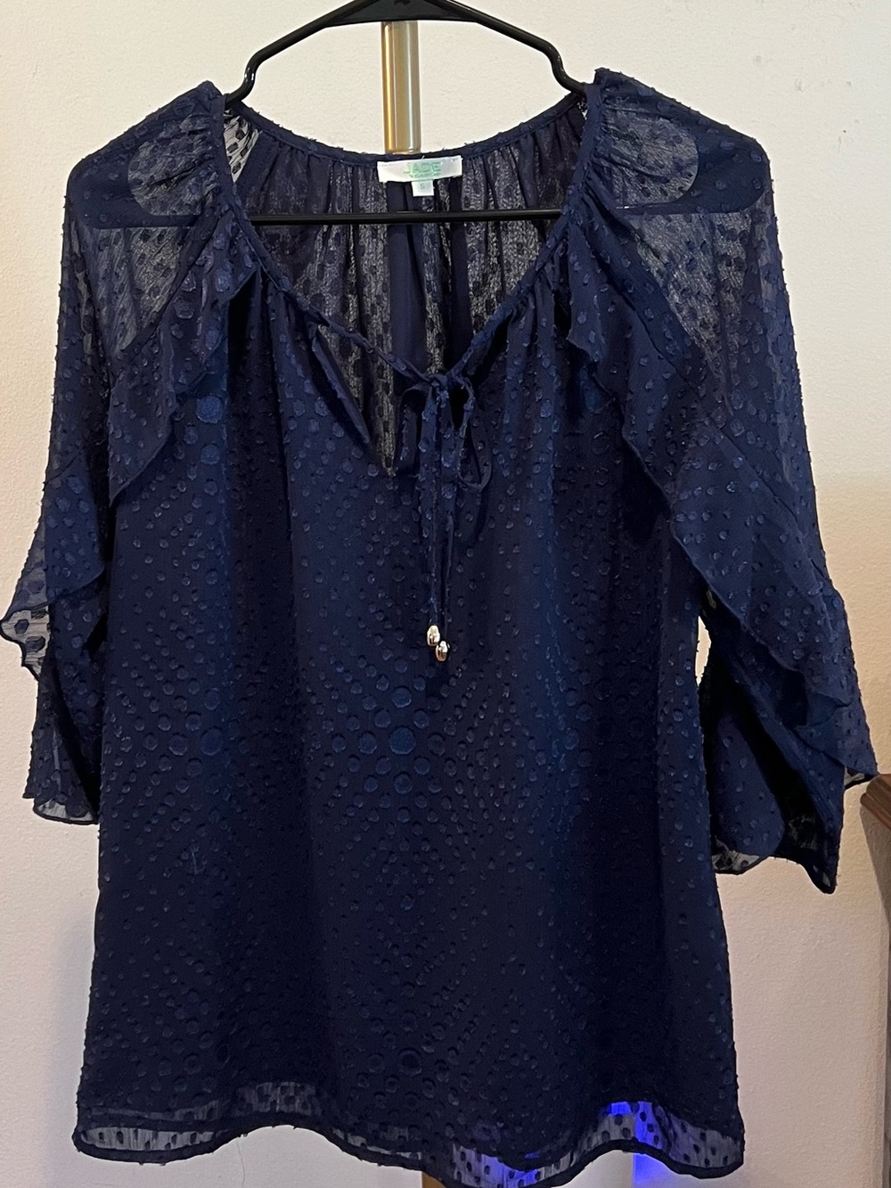 Jade Navy Swiss Dot Peasant Blouse with Tie Neck